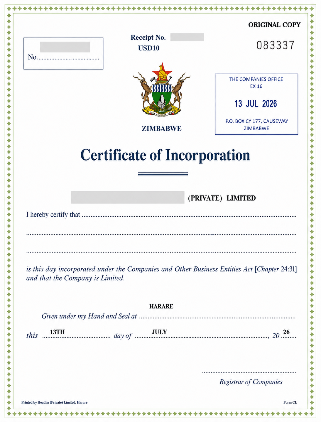 Sample Certificate of Incorporation issued by the Registrar of Companies, Zimbabwe